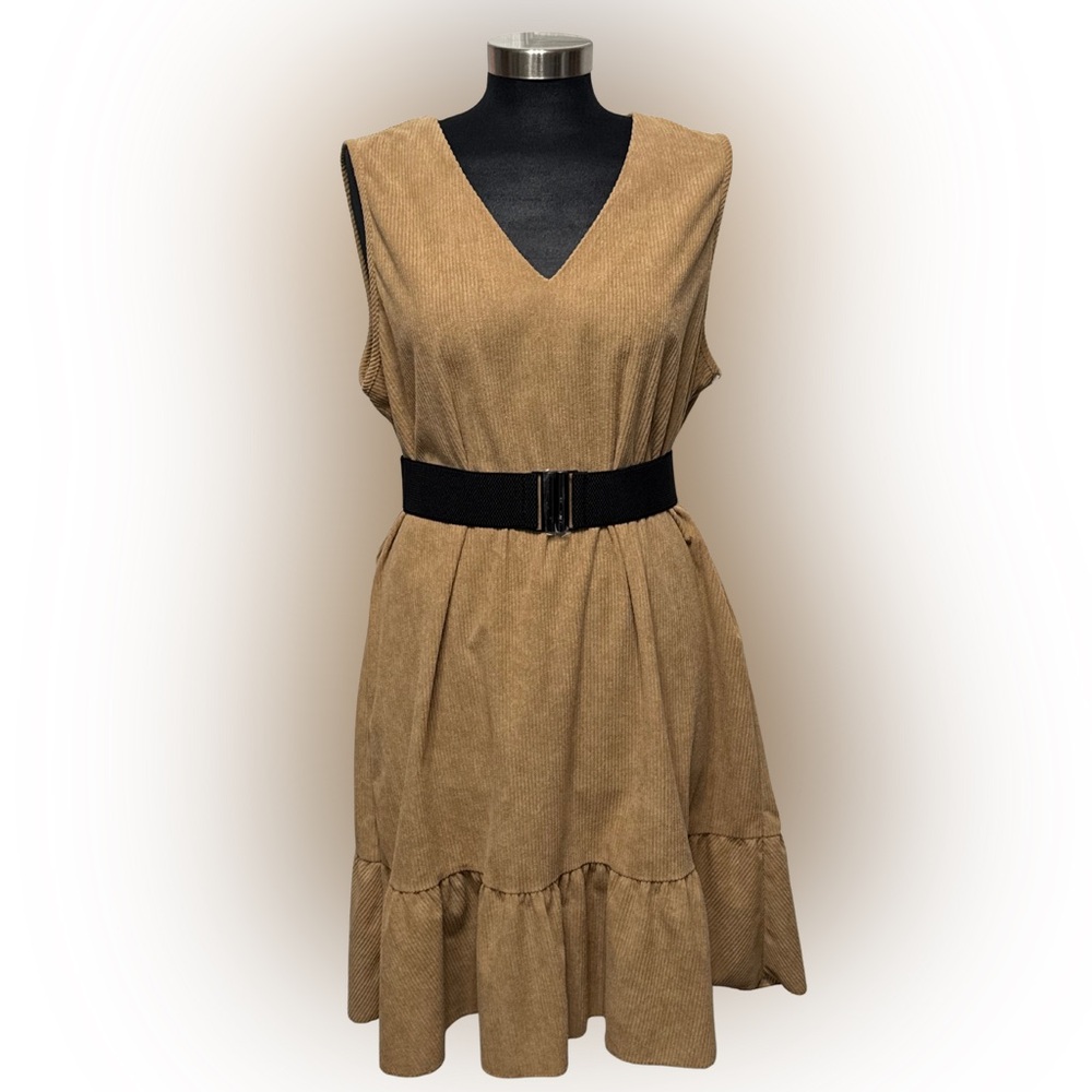 SHEIN Women’s Tan Corduroy Sleeveless Ruffle Hem Shift Dress – Size XL